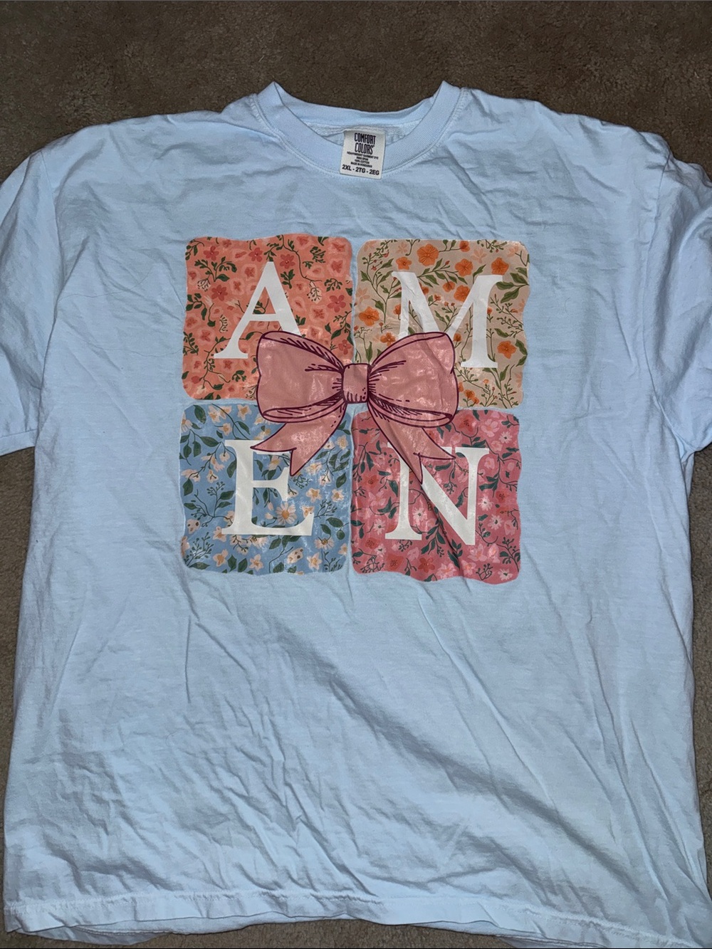Light Blue 'Amen' Graphic Tee with Floral Squares and Pink Bow